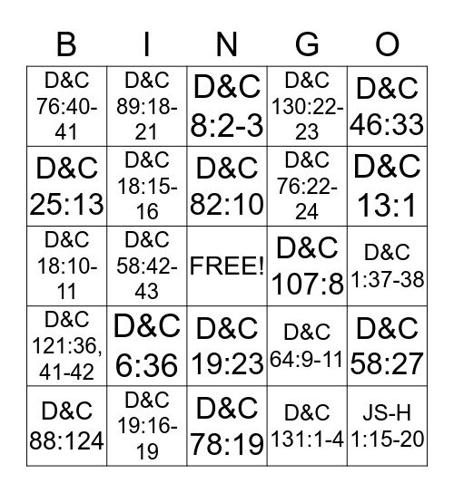 Doctrine and Covenants Scripture Mastery Bingo Card