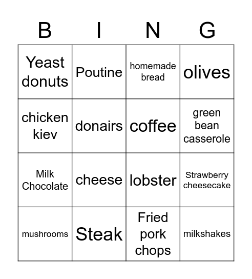 foodie bingo Card