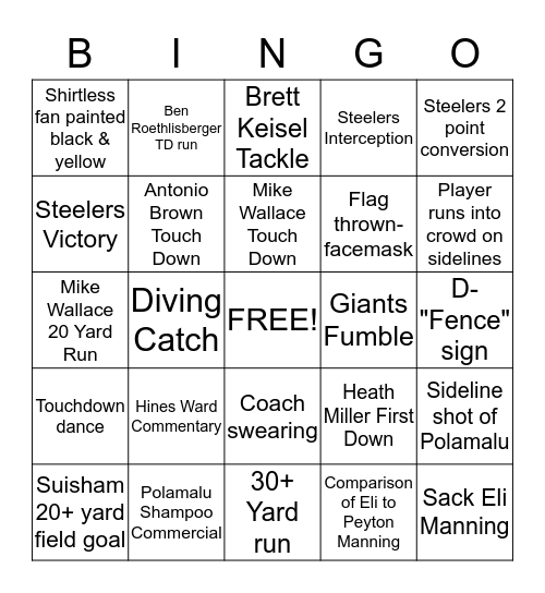 Steelers v. Giants BINGO! Bingo Card