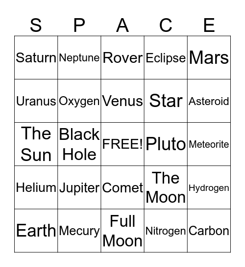 Planet  Bingo Card