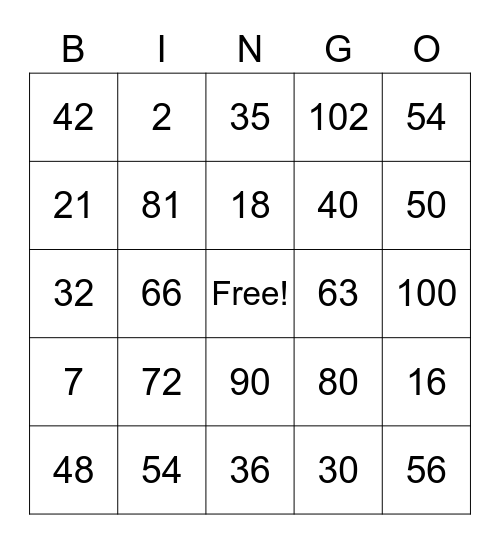 Multiplication Bingo Card