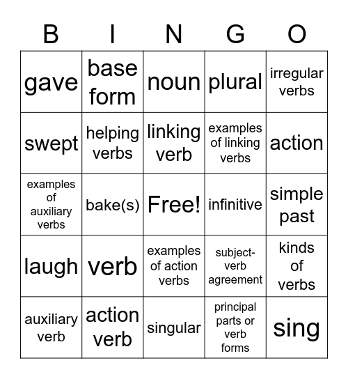 Verb Review Bingo Card
