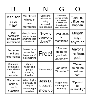DE 6 Cohort Meeting Bingo Card