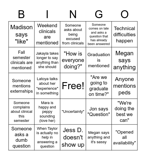 DE 6 Cohort Meeting Bingo Card