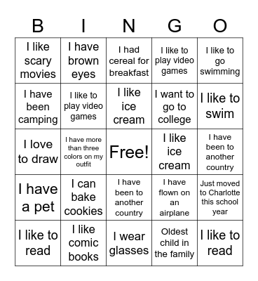 Get to know me Bingo Card