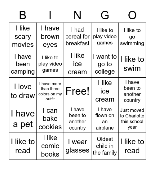 Get to know me Bingo Card