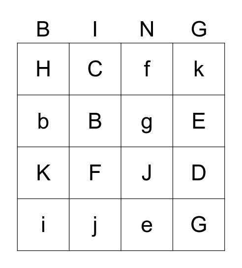 ABC letter Bingo Card