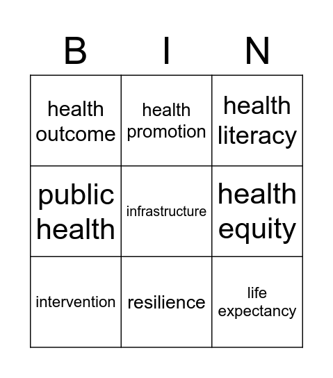 Health Equity Vocabulary Bingo Card