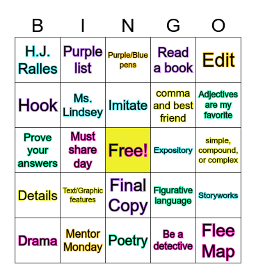 Reading/Writing Bingo Card