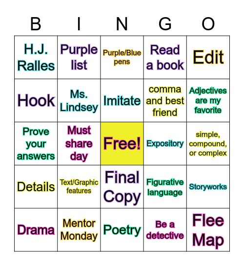 Reading/Writing Bingo Card