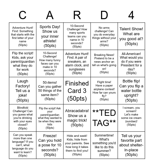 #AdventureTedChallenge2020 Bingo Card