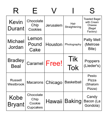 Revi Bat Mitzvah Bingo Card