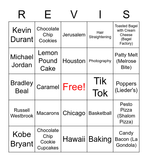 Revi Bat Mitzvah Bingo Card