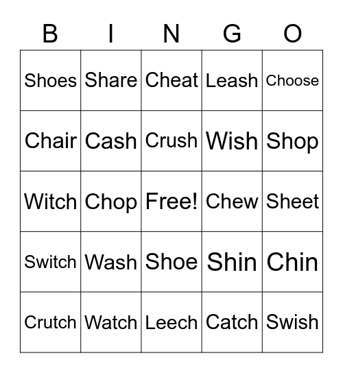 Sh and Ch Sounds Bingo Card