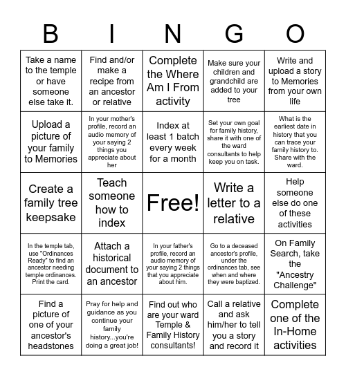 Ward Family History Challenge Bingo Card