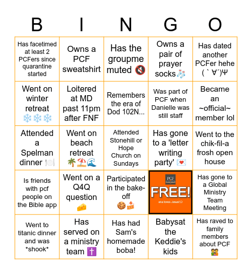 PCF Bingo! Bingo Card