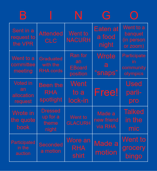 RHA Bingo! Bingo Card