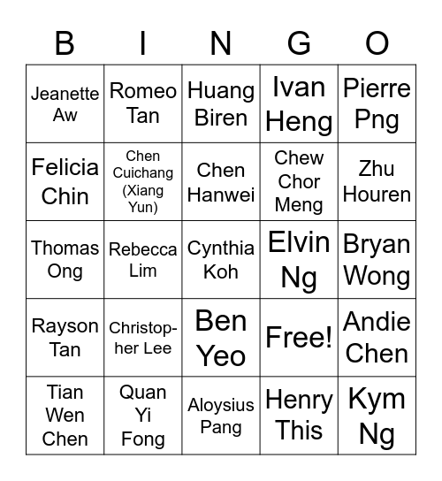 Singapore Actors Bingo Card