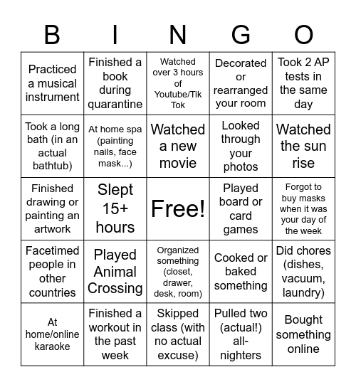 Quarantine Bingo Card