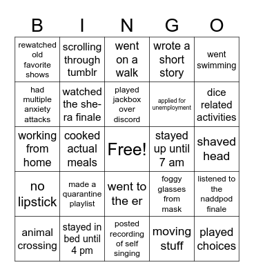 caralyn quarantine bingo Card