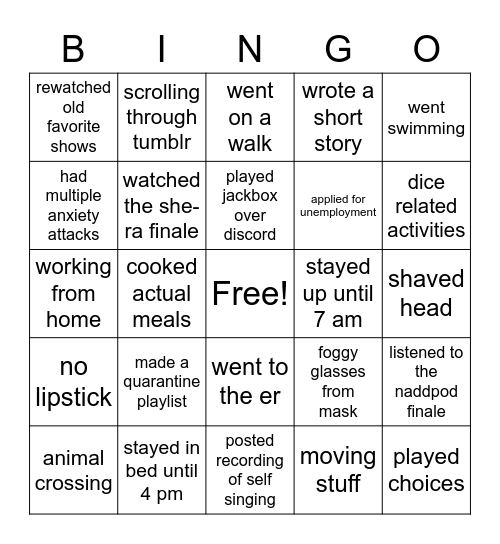 caralyn quarantine bingo Card