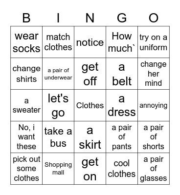 esl 6 unit 2 Bingo Card