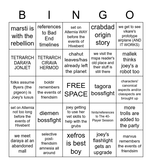 HIVESWAP ACT 2 Bingo Card