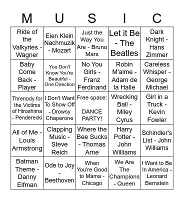 Music Bingo Round 1 Bingo Card