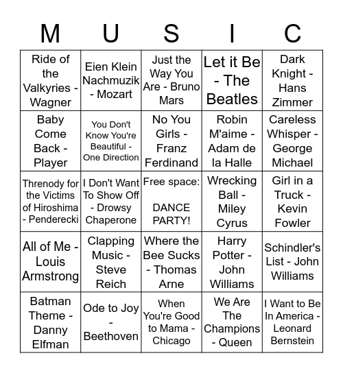 Music Bingo Round 1 Bingo Card