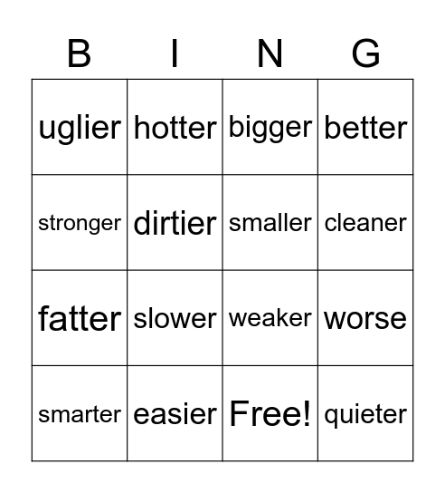 adjectives - comparative Bingo Card