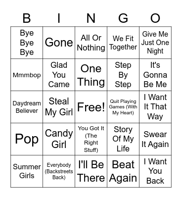 Boy Band Music Bingo Card