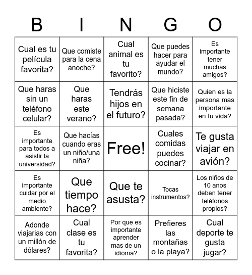 Spanish Conversation Bingo Card