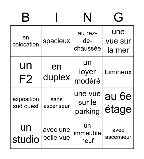 Logement Bingo Card