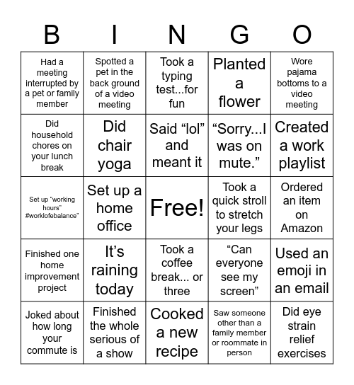 Remote Work Bingo Card