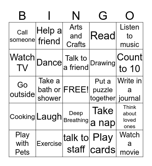 Coping Skill Bingo Card