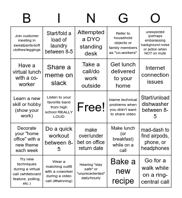 Working from Home fun Bingo Card