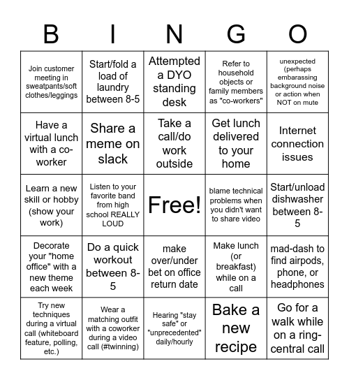 Working from Home fun Bingo Card