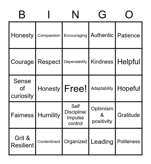 Positve Character Trait Bingo Card