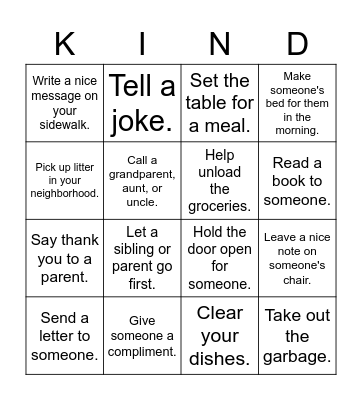 Random Acts of Kindness Bingo Card