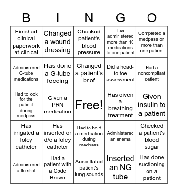 Skills Completed Bingo Card