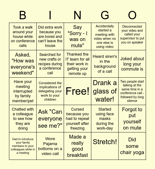 Remote Work Bingo Card