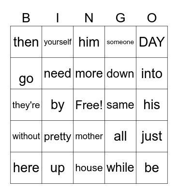 Sight Words Bingo Card