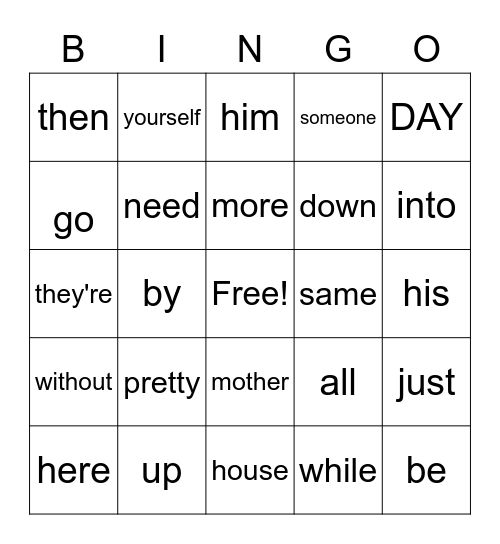 Sight Words Bingo Card