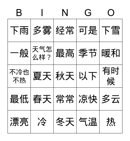 Weather in Chinese Bingo Card