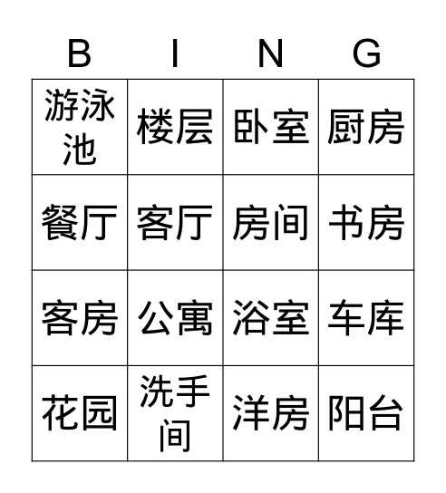 Rooms in Chinese Bingo Card