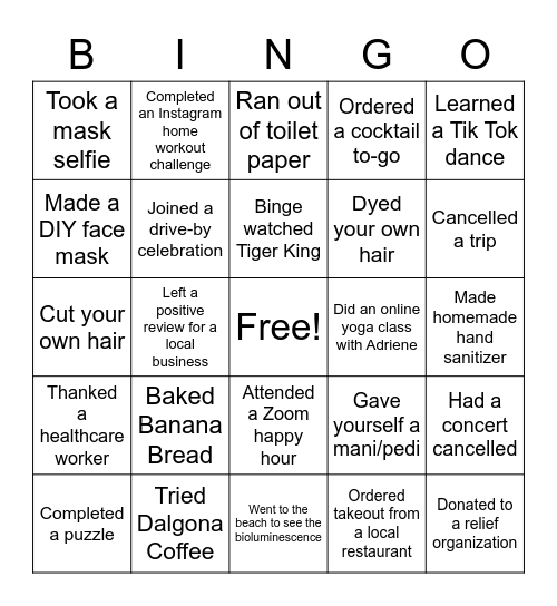 Quarantine Bingo Card