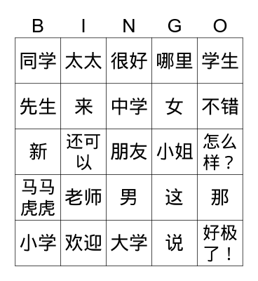 Chinese student Bingo Card