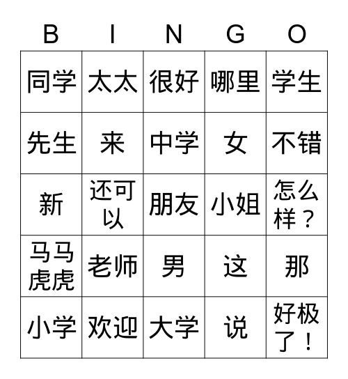 Chinese student Bingo Card