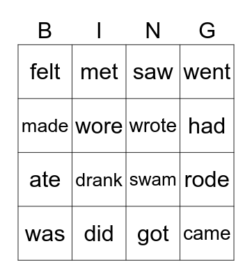 Irregular verbs - V Primary Bingo Card