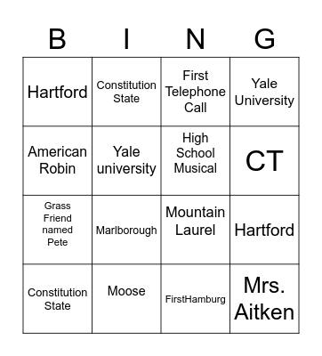 All about Connecticut  and Alex Bingo Card